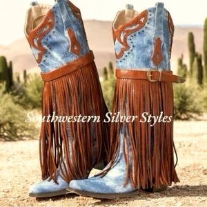 NEW Southwestern Vegan Blue Denim Leather Fringe Women’s Size 9 Cowboy Boots